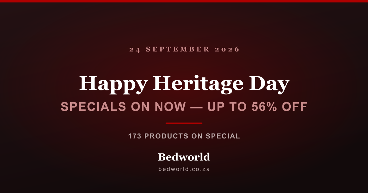 Bedworld Heritage Day banner: happy Heritage Day, specials on now with up to 56% off, 173 products on special